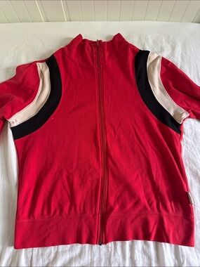 Red Zip-Front Bomber Jacket with Black and Cream Accents